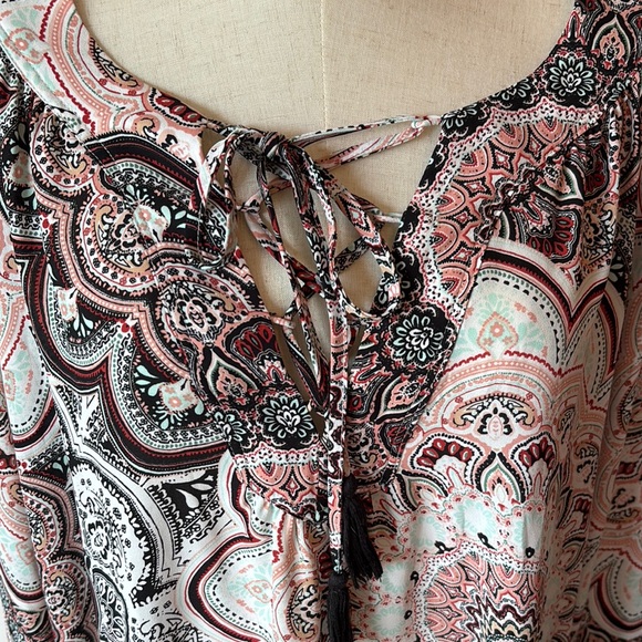 Soho Pink and Brown Long Sleeve Tie Front Blouse - Picture 6 of 7